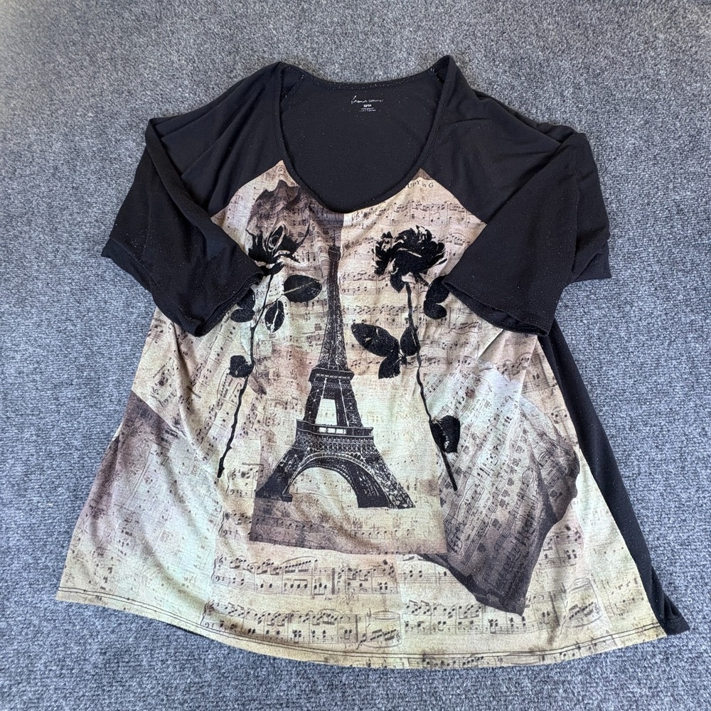 Lane Bryant Top Womens 22/24 Black Beige Eiffel Tower Graphic Raglan Sleeve